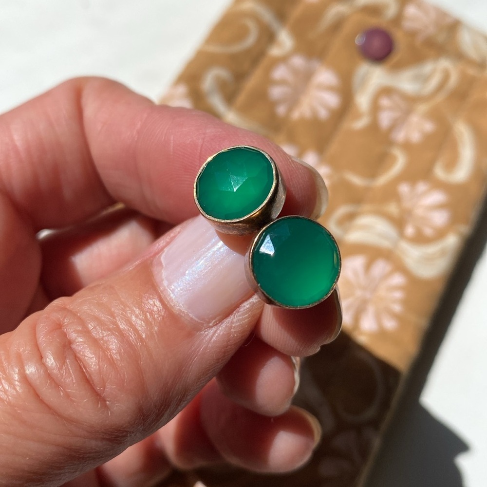 Green Onyx Bevel Cut Brass Stud Earrings